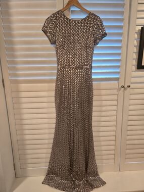Aqua Silver Sequin Short-Sleeve Maxi Gown
